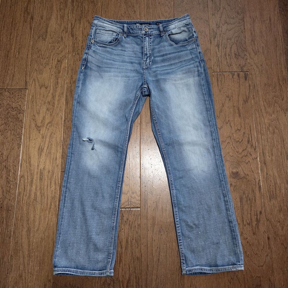 BKE Tyler Straight Jeans Men 34x30 Blue Distressed Denim Whiskered